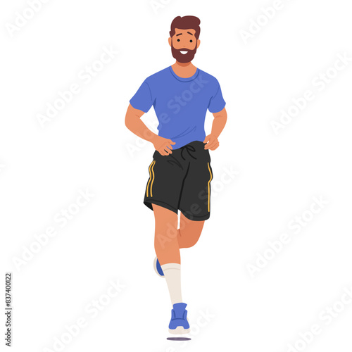 Front View Of Athletic Bearded Man Running front View. Male Character In T-shirt And Black Shorts With Yellow Stripes
