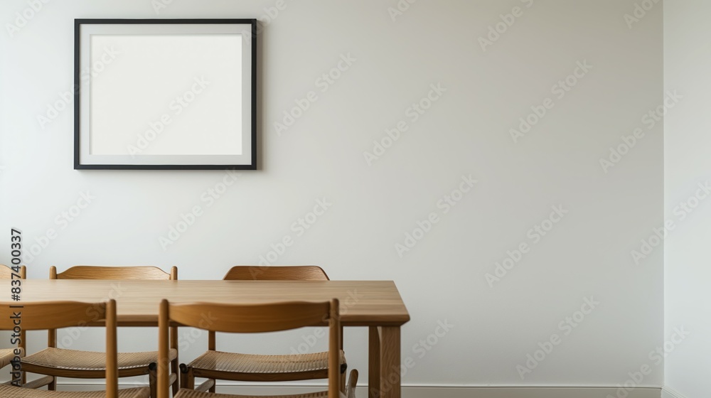 Modern dining room with wooden table and chairs under a black picture frame on a white wall Modern dining room with wooden table and chairs under a black picture frame on a white wall