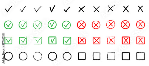 Check marks doodle set. Checkbox, checklist, tick and cross signs, v and x in sketch style. Hand drawn vector illustration isolated on white background