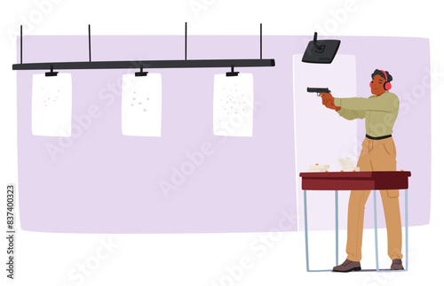 Young Adult Male Character Practicing Shooting Skills At Indoor Gun Range. Man Aiming A Pistol At A Target, Vector Scene