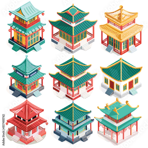 Collection traditional East Asian buildings isometric view. Various Chinese pavilions temples colorful architectural designs. Detailed Asianinspired structures, suitable cultural historical content