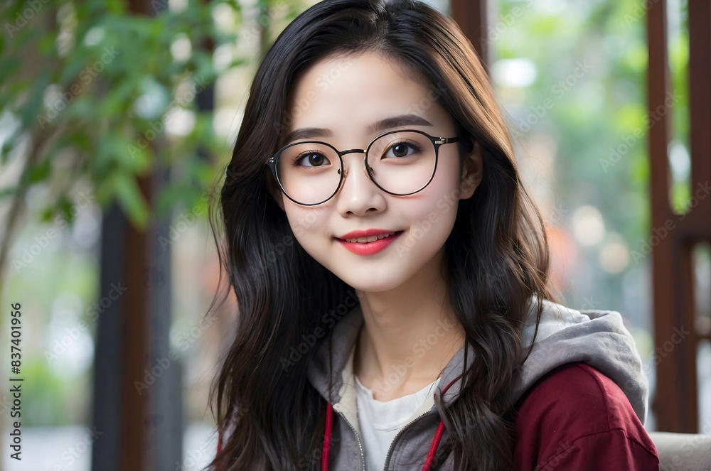 A Chinese girl of about 18 years old wearing modern glasses to improve her eyesight. Smiling A Chinese girl of about 18 years old wearing modern glasses to improve her eyesight. Smiling