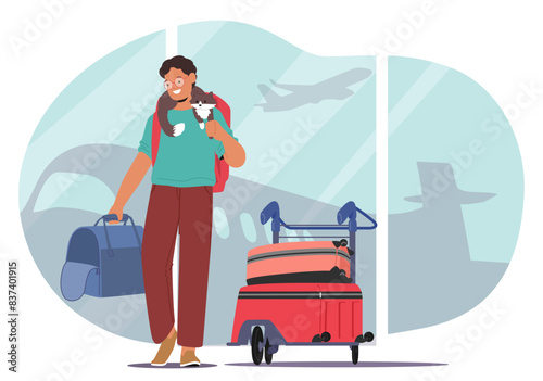 Young Man Traveling With a Pet. Male Character Wearing Glasses And Casual Attire, Walks Through An Airport Terminal