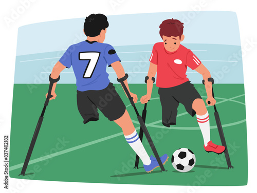 Inspiring Vector Sports Scene, Two Young Amputee Athletes Engaged In Soccer Match, Demonstrating Determination
