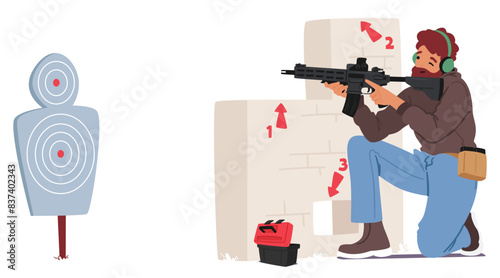 Focused Man In Casual Wear Practices His Aiming Skills At A Shooting Range. Equipped With A Rifle, Ear Protection