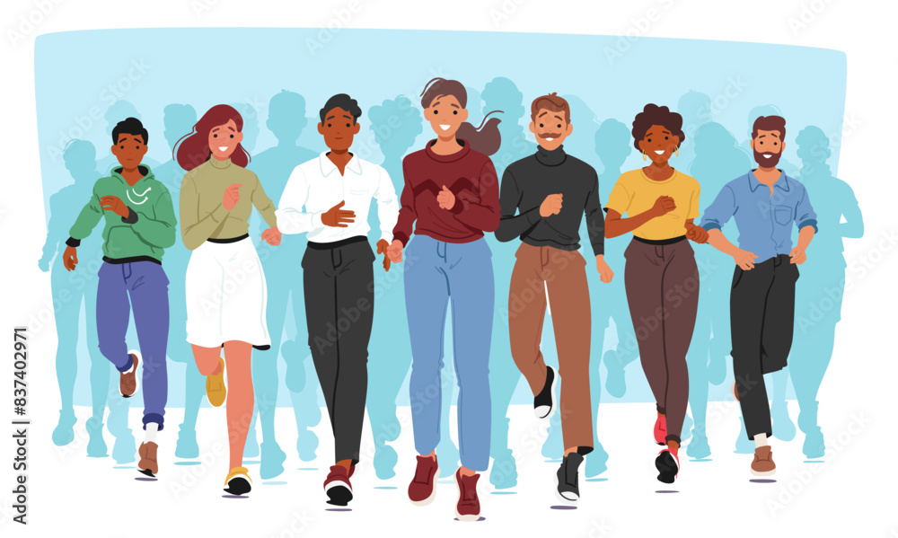 Fototapeta premium Diverse Group Of Happy Characters Running In Casual Attire, Front View. Concept Of Diversity, Friendship And Sports