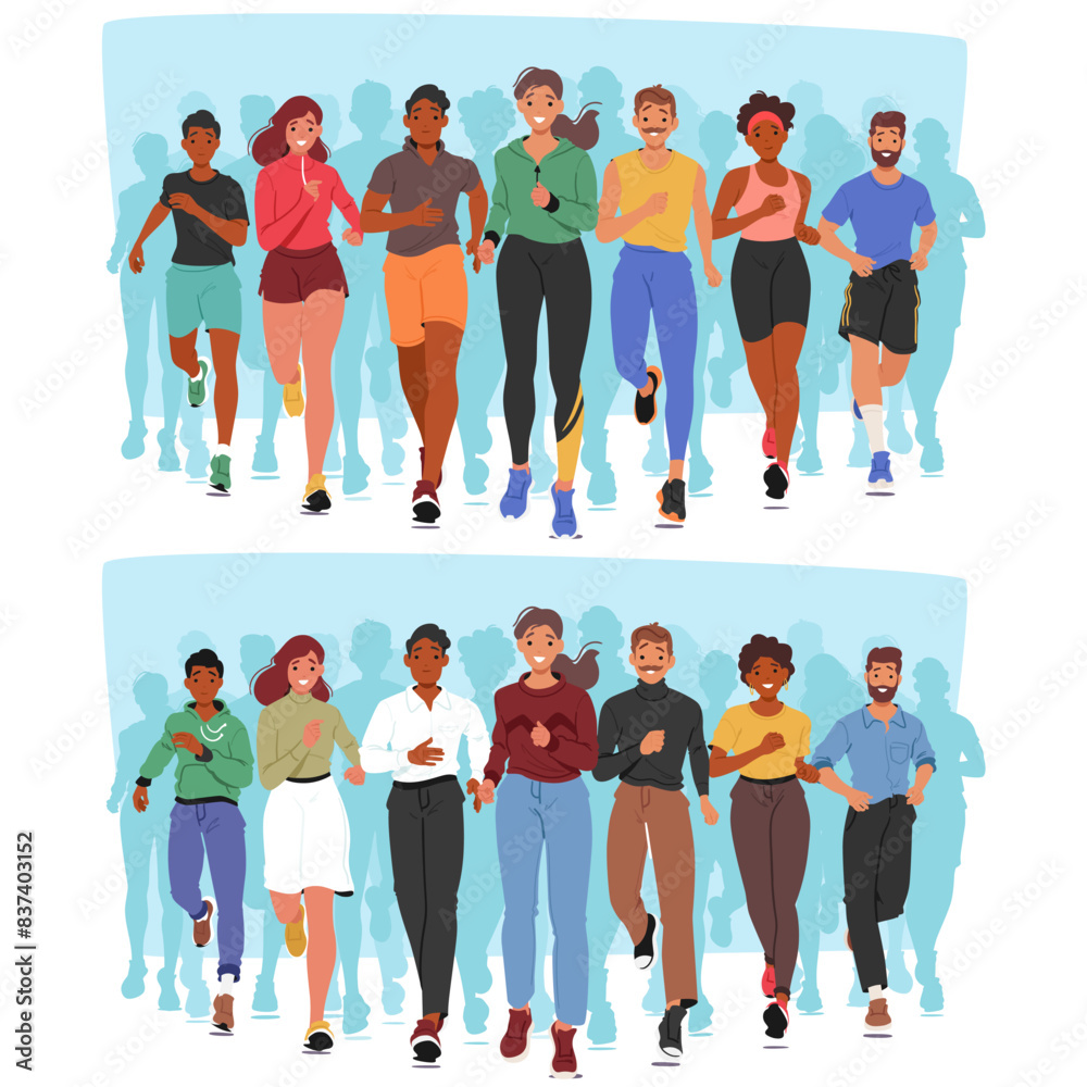 Fototapeta premium Group Of Young Adult People Engaging In Running And Walking Activities Front View. Cartoon Vector Image