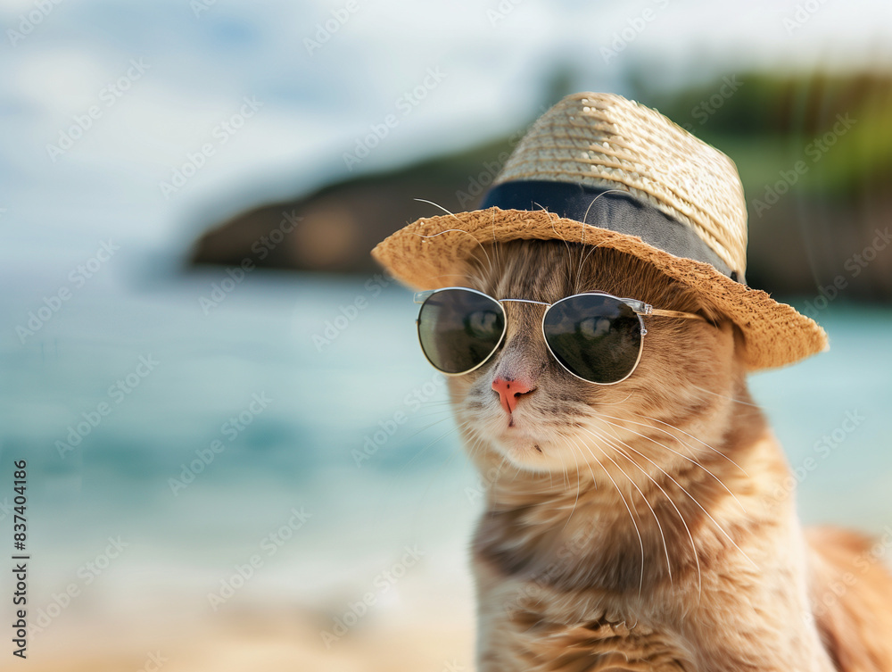 Cool Cat Wearing Sunglasses and Hat by the Beach