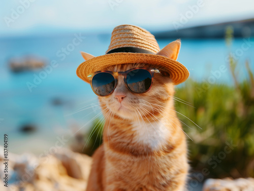 Cool Cat Wearing Sunglasses and Hat by the Beach © PhilipSebastian