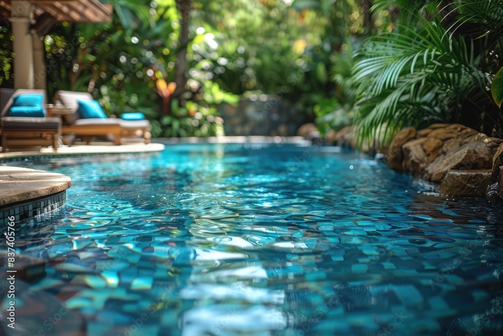 Swimming pool with stair and wooden deck. Fantastic relax and peaceful vibes, chairs, loungers under umbrella and palm leaves. Luxury travel vacation Swimming pool with stair and wooden deck. Fantastic relax and peaceful vibes, chairs, loungers under umbrella and palm leaves. Luxury travel vacation
