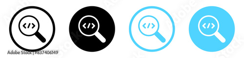 search icon button, find code icon - magnifying glass loupe sign and coding symbol, magnifier icon