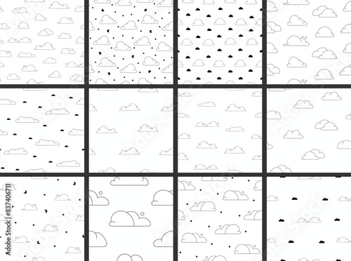 Cumulus cloud cartoon. Seamless pattern. Coloring Page. Sky air symbol. Vector drawing. Collection of design ornaments.