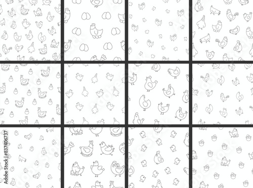 Hen rooster and chick. Seamless pattern. Coloring Page. Cute chicken farm characters. Vector drawing. Collection of design ornaments.