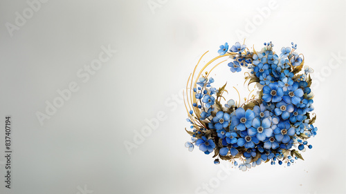 Watercolor blue flowers in a round wreath on a grayish background. Copy space. High quality illustration