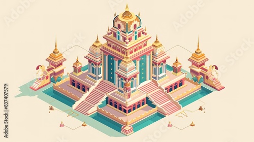 Isometric illustration of a grand, ornate palace with intricate details. © K-MookPan