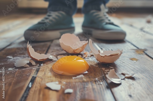 Broken egg on wooden floor