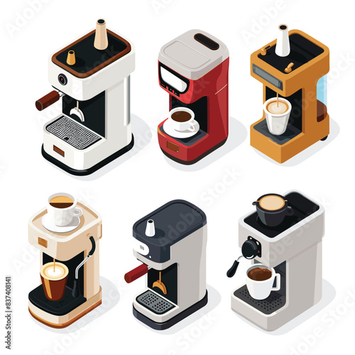Isometric coffee machines preparing espresso cappuccino various colors designs modern kitchen appliance. Espresso machines making different coffee types isometric view isolated white background