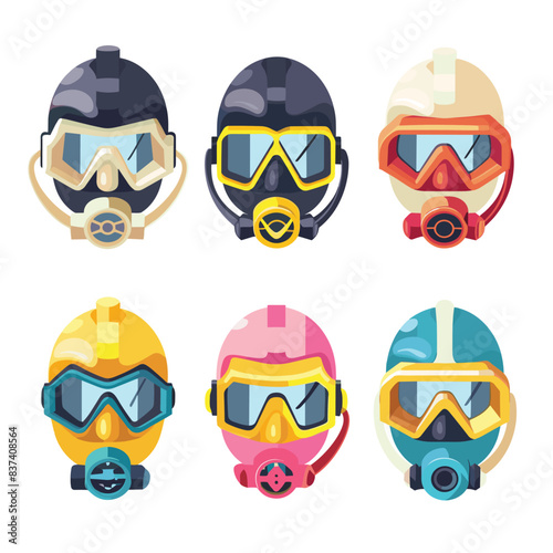 Collection colorful scuba diving masks variety diving equipment designs presented recreational scuba gear snorkels goggles