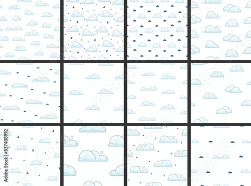 Cumulus cloud cartoon. Seamless pattern. Sky air symbol. Vector drawing. Collection of design ornaments.