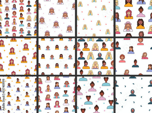 Women avatars. Seamless pattern. Portrait of casual female with different hairstyles and outfits. User profiles. Hand drawn style. Vector drawing. Collection of design ornaments.