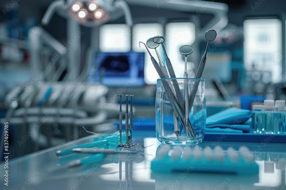 Dental tools in glass cup on medical office table Dental tools in glass cup on medical office table