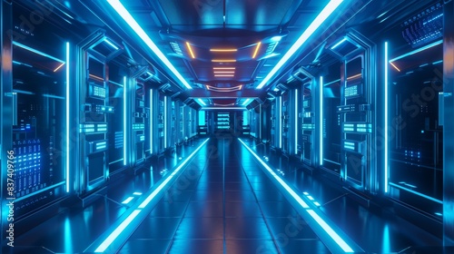 Render of futuristic server room with transparent glass racks and holographic interfaces