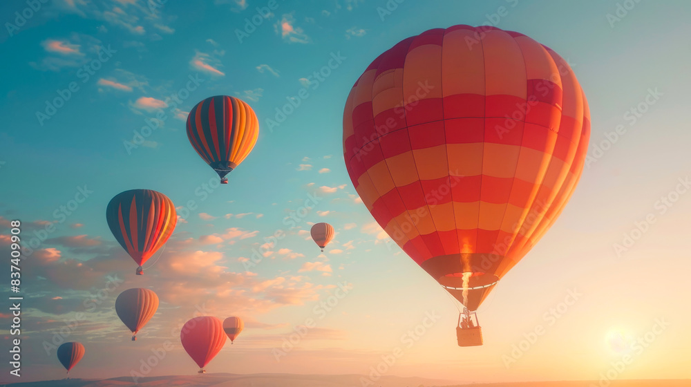 Hot Air Balloons at Sunset. A scenic view of multiple hot air balloons floating in the sky at sunset, creating a serene and picturesque atmosphere. Hot Air Balloons at Sunset. A scenic view of multiple hot air balloons floating in the sky at sunset, creating a serene and picturesque atmosphere.