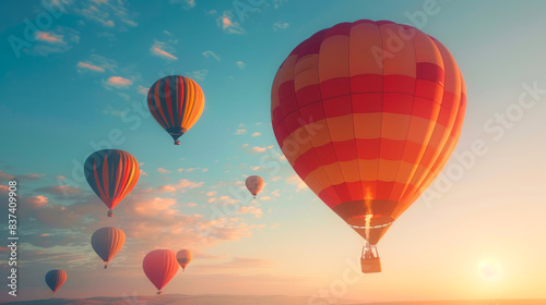 Hot Air Balloons at Sunset. A scenic view of multiple hot air balloons floating in the sky at sunset  creating a serene and picturesque atmosphere.