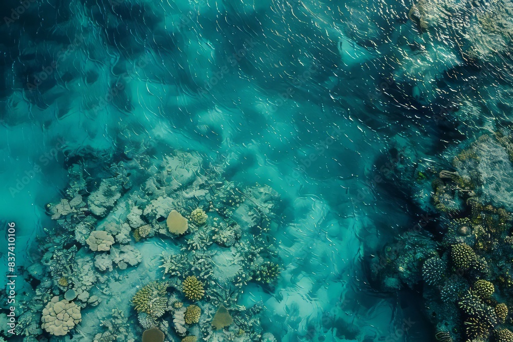 Fototapeta premium Aerial view of a thriving coral reef, showcasing the vibrant underwater ecosystem and the need for marine conservation. 