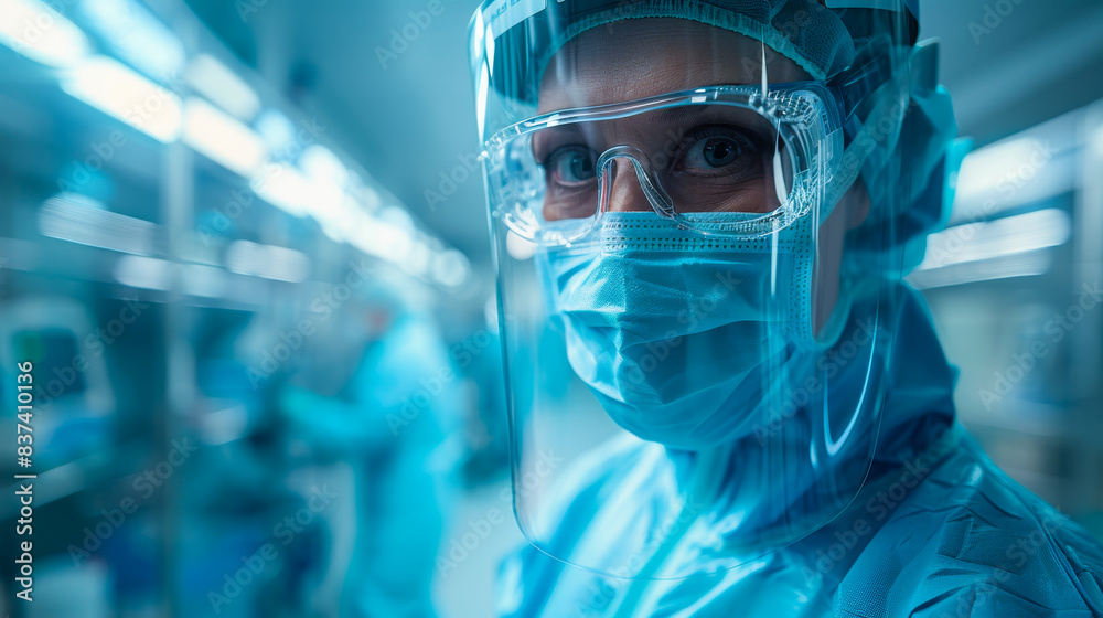 Healthcare Professional in Full Protective Gear. Close-up of a healthcare professional wearing full protective gear, including a face shield, mask, and gown, in a sterile medical environment.