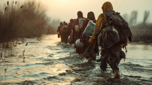 Refugees Crossing River to Escape Conflict. A poignant image of refugees crossing river to escape conflict, highlighting perilous journey and resilience of displaced people seeking safety and new life photo