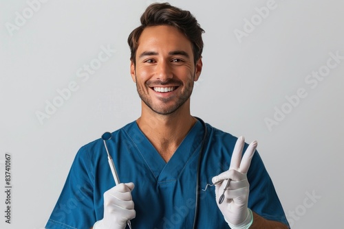portrait of handsome male dentist holding tools and showing peace sign isolated on white background