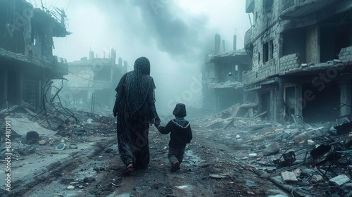 War-Torn Neighborhood. A mother and child walk hand-in-hand through a war-ravaged neighborhood, with destroyed buildings and smoke filling the air.