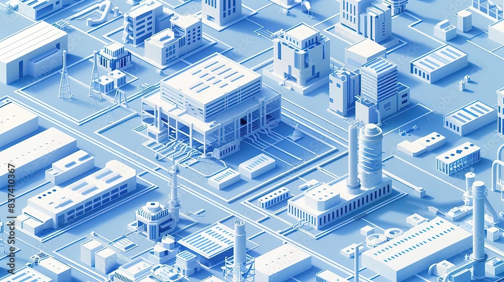 Isometric 3D illustration of a futuristic city with industrial buildings Isometric 3D illustration of a futuristic city with industrial buildings