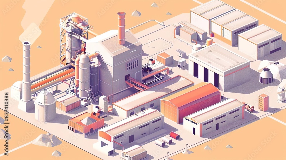 Obraz premium Mineral processing plant, with machinery and workers processing raw materials into usable minerals