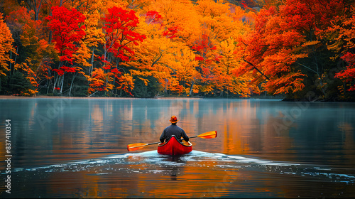 Wallpaper Mural Man Canoeing on Serene Lake in Autumn. A man in a red canoe paddles on a serene lake surrounded by vibrant autumn foliage, creating a picturesque and tranquil outdoor scene. Torontodigital.ca
