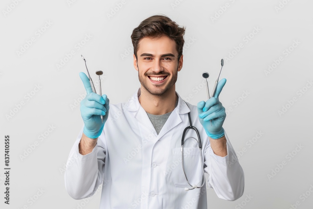 portrait of handsome male dentist holding tools and showing peace sign isolated on white background portrait of handsome male dentist holding tools and showing peace sign isolated on white background