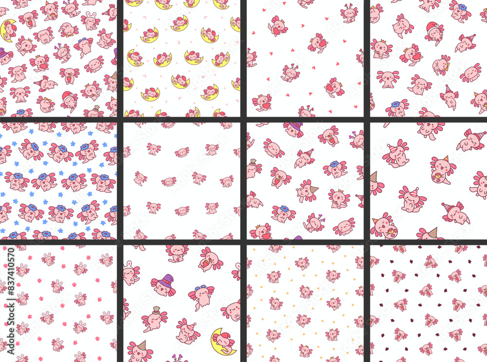 Cute kawaii little axolotl. Seamless pattern. Smiling nice cartoon animal character. Hand drawn style. Vector drawing. Collection of design ornaments. Cute kawaii little axolotl. Seamless pattern. Smiling nice cartoon animal character. Hand drawn style. Vector drawing. Collection of design ornaments.