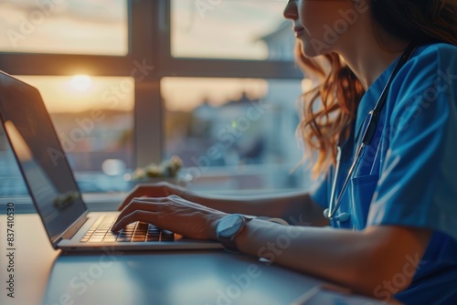 A nurse in blue scrubs typing on her laptop as the sun sets through an office window