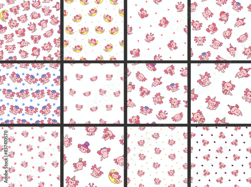 Cute kawaii little axolotl. Seamless pattern. Smiling nice cartoon animal character. Hand drawn style. Vector drawing. Collection of design ornaments.