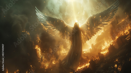 majestic angel of mercy in flames, offering salvation amidst war and destruction