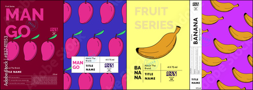 Set of line art design of fruits, specifically mangoes and bananas in a vibrant, minimalist style. Design template for Label, ads, poster, cover, banner and price tag.