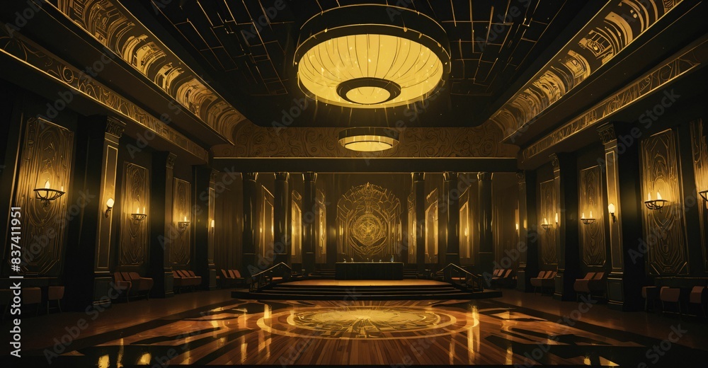 Obraz premium cyberpunk palace ballroom theatre hall. futuristic abandoned sci-fi neon cyber amphitheater auditorium empty room. royal dance hall in noble mansion interior. 