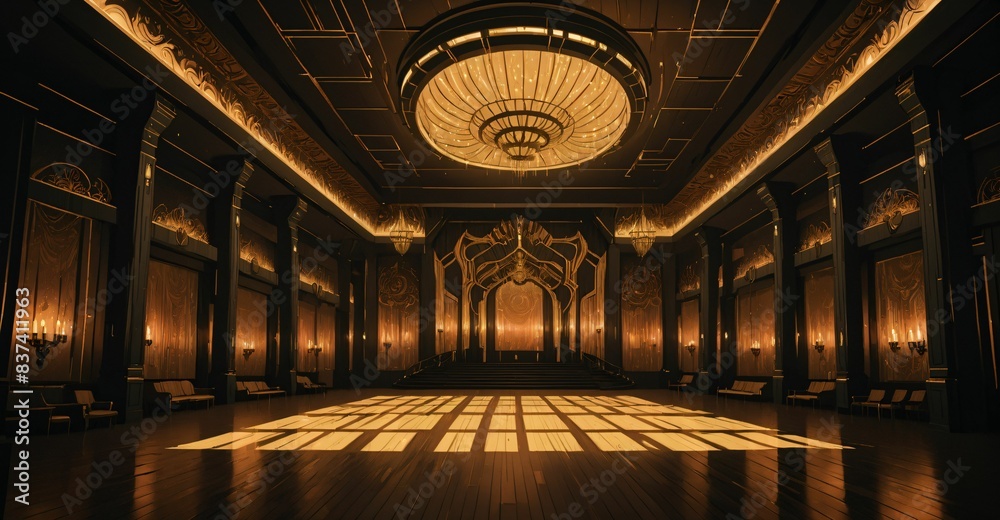 Obraz premium cyberpunk palace ballroom theatre hall. futuristic abandoned sci-fi neon cyber amphitheater auditorium empty room. royal dance hall in noble mansion interior.