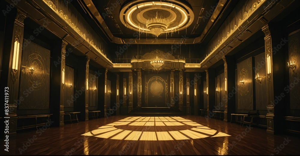 Obraz premium cyberpunk palace ballroom theatre hall. futuristic abandoned sci-fi neon cyber amphitheater auditorium empty room. royal dance hall in noble mansion interior. 