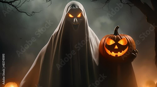 close up of ghost and pumpkin, concept for halloween day celebration, generate ai