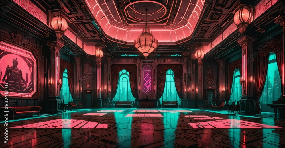 Obraz premium cyberpunk palace ballroom theatre hall. futuristic abandoned sci-fi neon cyber amphitheater auditorium empty room. royal dance hall in noble mansion interior.