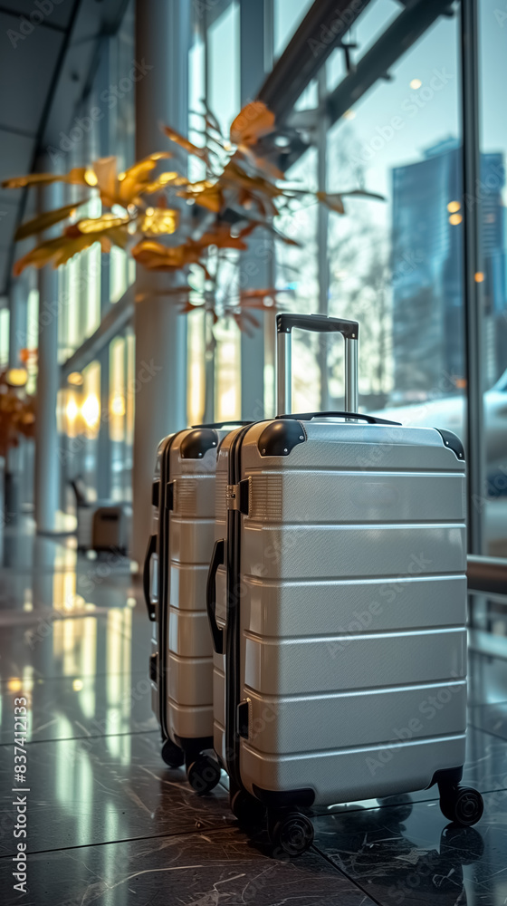 a Suitcases in airport near the wide windows, Travel concept , behind the suitcase an airplane outside standing, in the background, white colors a Suitcases in airport near the wide windows, Travel concept , behind the suitcase an airplane outside standing, in the background, white colors