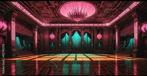 cyberpunk palace ballroom theatre hall. futuristic abandoned sci-fi neon cyber amphitheater auditorium empty room. royal dance hall in noble mansion interior.	