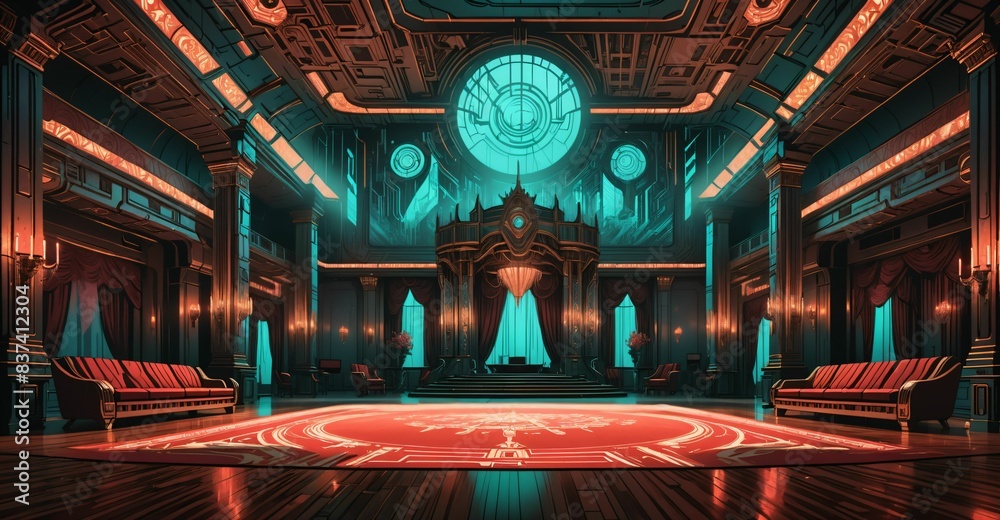 Obraz premium cyberpunk palace ballroom theatre hall. futuristic abandoned sci-fi neon cyber amphitheater auditorium empty room. royal dance hall in noble mansion interior. 